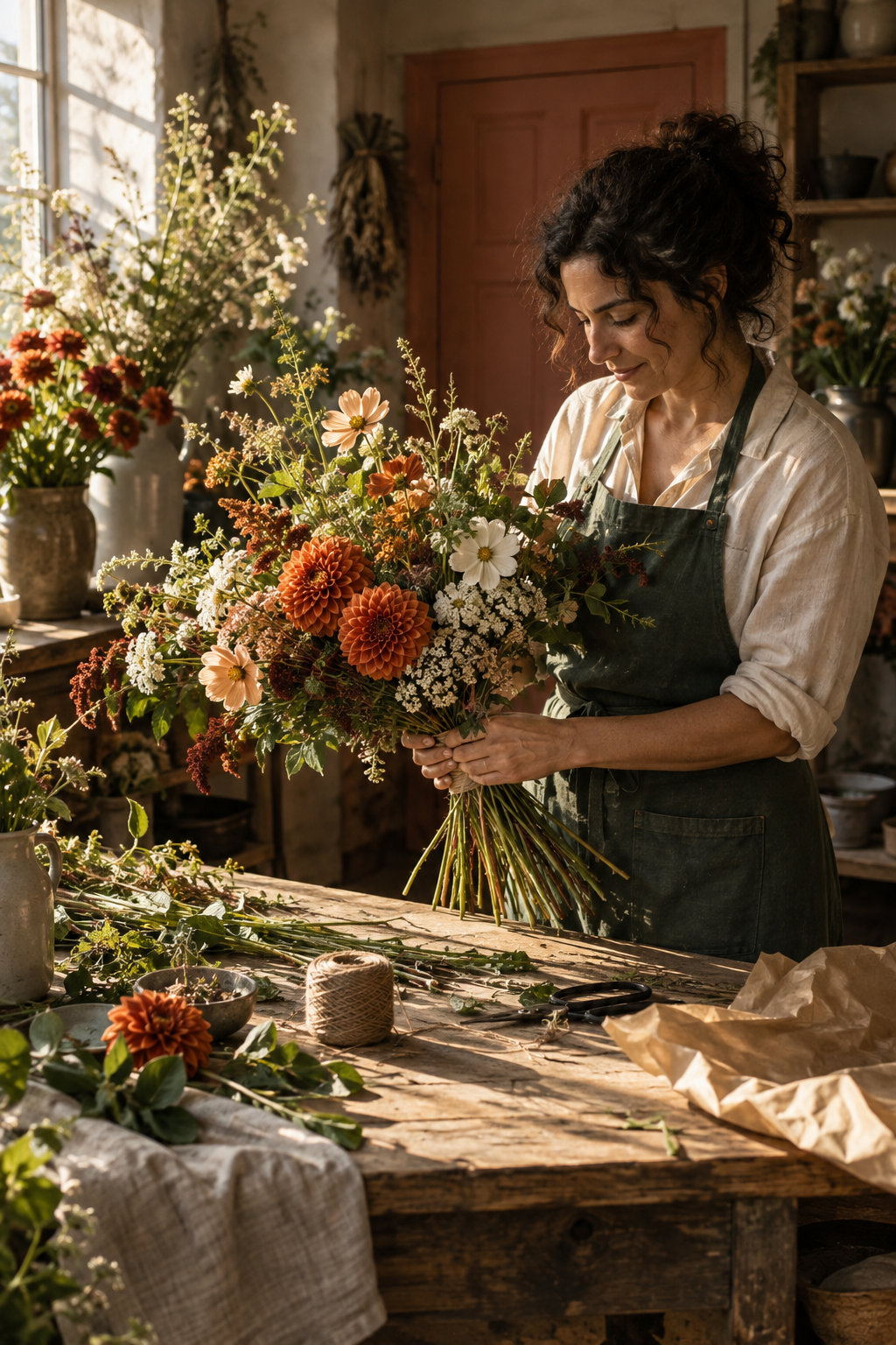 Illustrative photograph of an independent florist tying a bouquet in her sunlit studio